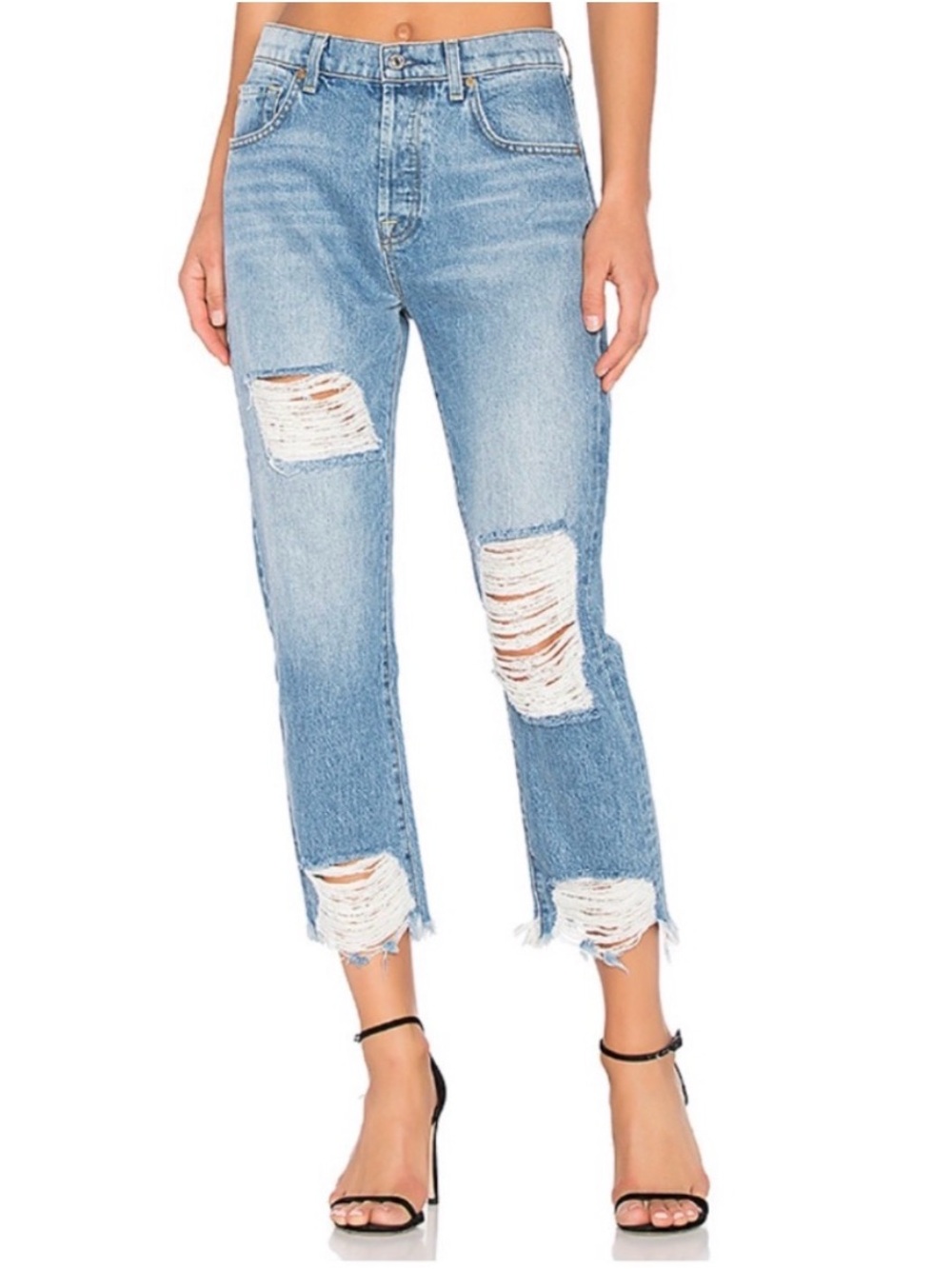 7 For All Mankind Distressed Boyfriend Button Fly Jeans Raw Hem size 28 destory